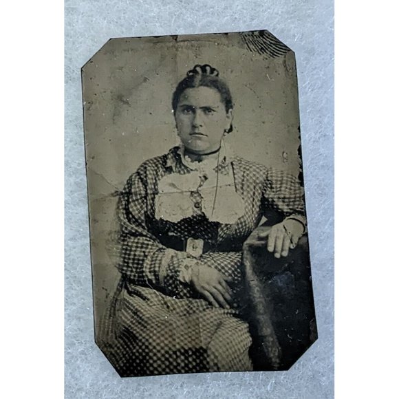 Vintage Ferrotype Photo Woman Dress Sitting on Chair 3" x 2" Vintage 1800’s?